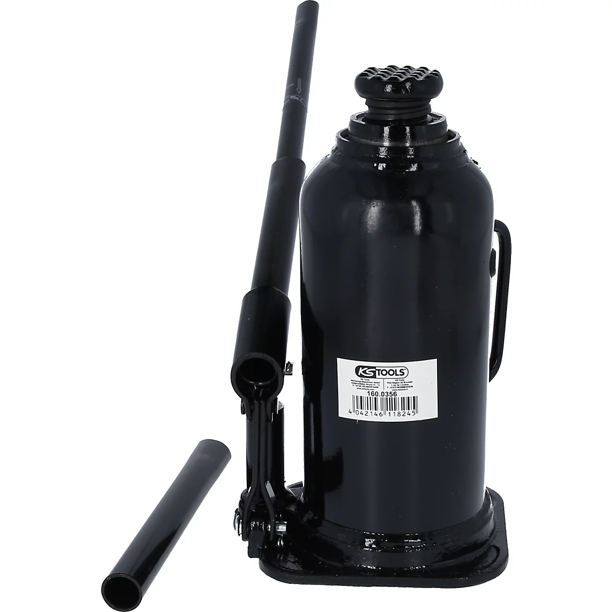 Schwarzer hydraulischer Wagenheber mit Hebel und Griff, KS TOOLS Logo.